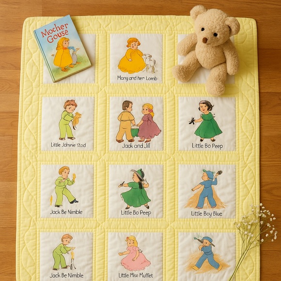 Vintage Handmade Nursery Rhyme Quilt – Embroidered & Hand-Quilted – Yellow